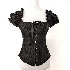 Black Brocade Satin Puff Sleeves Lace-up Corset
